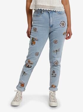 Hot Topic Light Indigo Nature Fungi Patch Mom Jeans 15 Cottagecore Artsy Skater